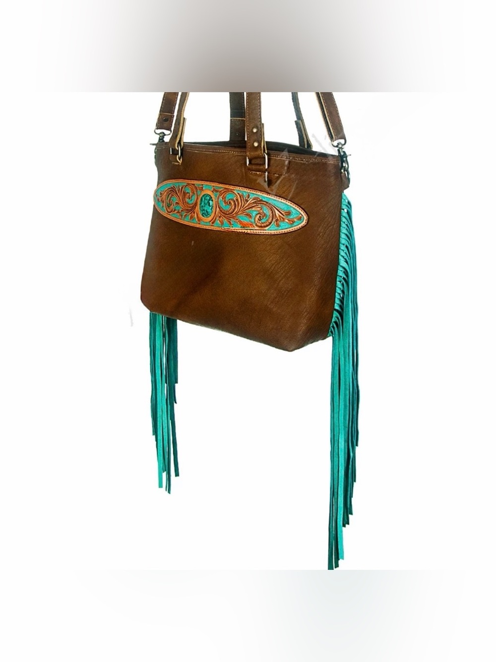 Western Bag Brown Leather Tote with Turquoise Fringe & Tooled Accent